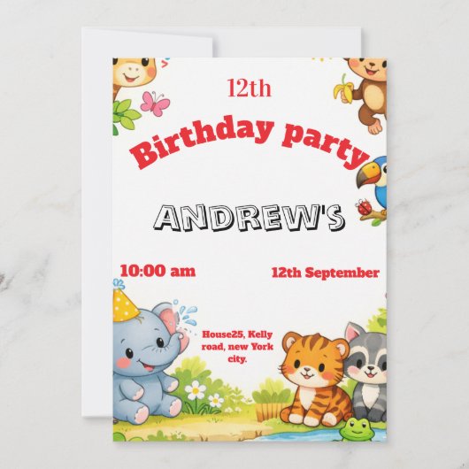 Custom Cartoon Animal Birthday Invitation  招待状 (正面)