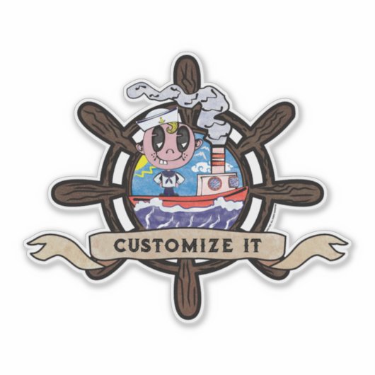 Custom Cartoon Sailor Nautical Ship Wheel シール (正面)