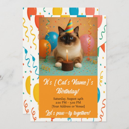 Custom Cat Birthday Party Invitation 招待状 (正面/裏面)