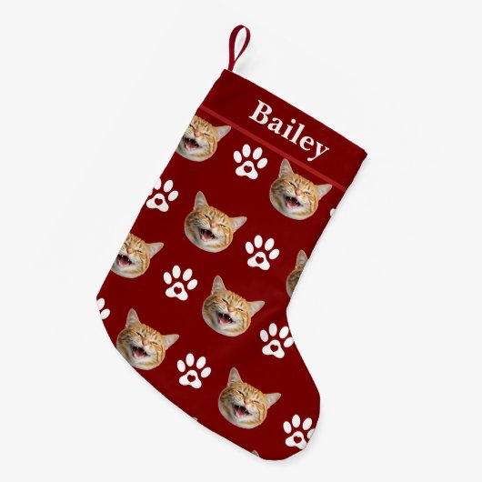Custom Cat Face & Name Paw Print スモールクリスマスストッキング (正面 (吊り時))