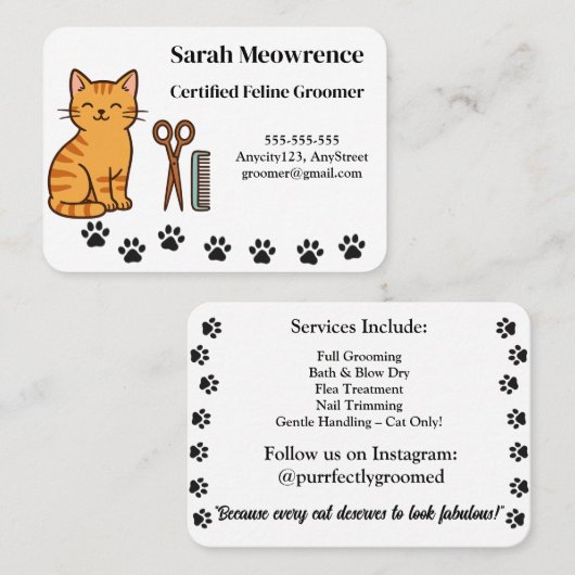 Custom Cat Groomer Business Card – Cute Paw Print  名刺 (正面/裏面)