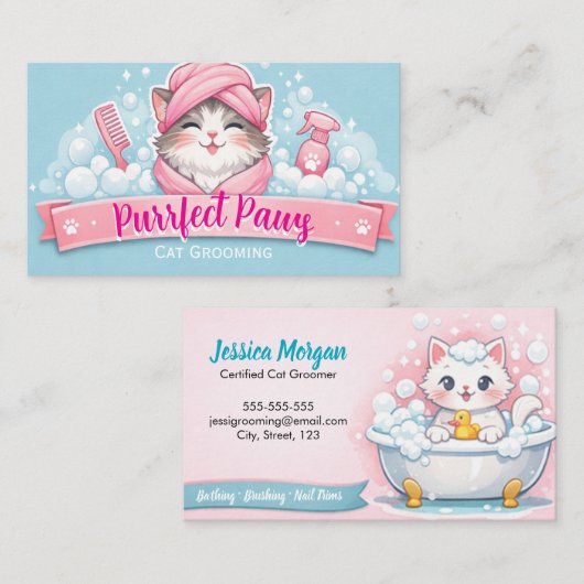Custom Cat Groomer Business Card – Pastel Design 名刺 (正面/裏面)