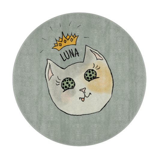 Custom Cat Name Art - Chubby White Cat with Crown カッティングボード (正面)