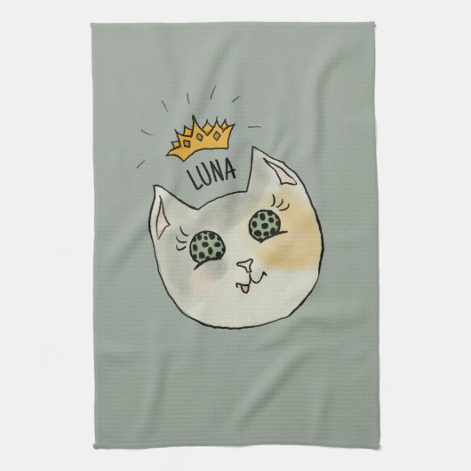 Custom Cat Name Art - Chubby White Cat with Crown キッチンタオル (縦)