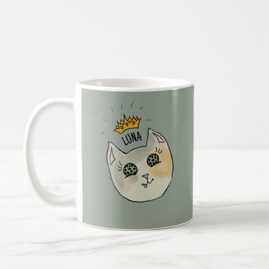 Custom Cat Name Art - Chubby White Cat with Crown コーヒーマグカップ (左)