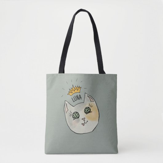 Custom Cat Name Art - Chubby White Cat with Crown トートバッグ (正面)