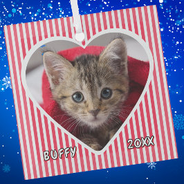 Custom Cat on Red and White Striped Heart on ガラスオーナメント