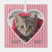 Custom Cat on Red and White Striped Heart on ガラスオーナメント (正面)