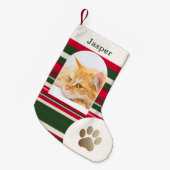 Custom Cat Photo and Name Red Green Striped スモールクリスマスストッキング (正面 (吊り時))