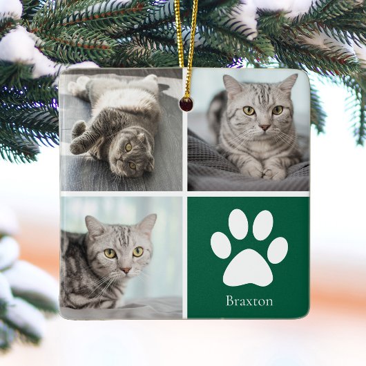 Custom Cat Photo Collage Cute Green Christmas セラミックオーナメント