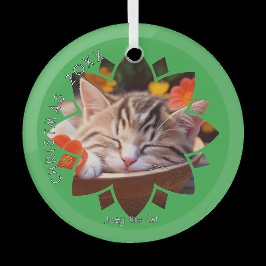 Custom Cat Photo Framed in Flower on Green  ガラスオーナメント