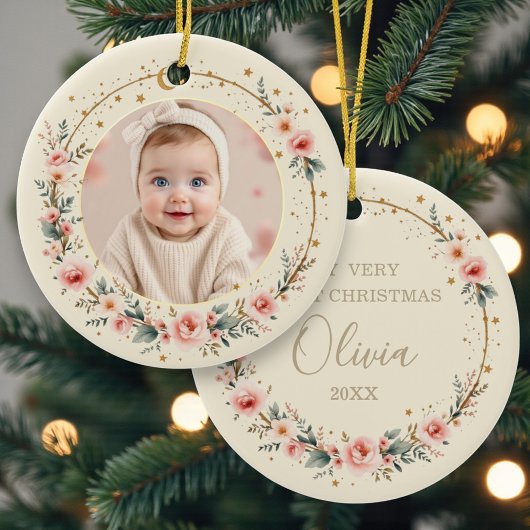Custom Celestial Starry Baby First Christmas Photo セラミックオーナメント
