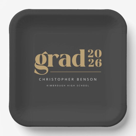 Custom Charcoal Gray Gold 2026 Graduation ペーパープレート (正面)