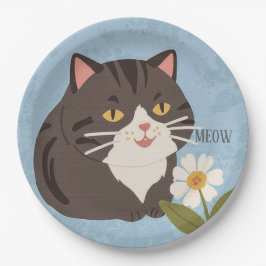 Custom Charming Cute Gray Cat & Chamomile FLower ペーパープレート