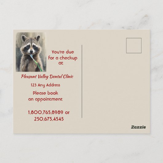 Custom Check up Reminder Dentist Fun Raccoon ポストカード (裏面)