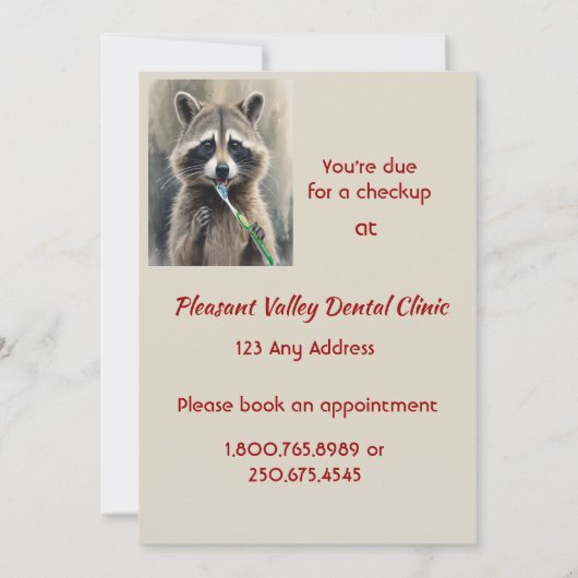 Custom Check up Reminder Dentist Fun Raccoon 招待状 (裏面)
