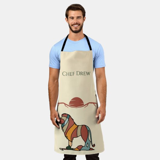 Custom Chef Name Lion Boho Mid Century BBQ Gift エプロン (着用した状態)