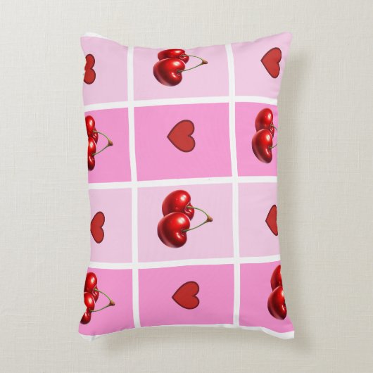 Custom Cherry Heart Checkerboard Pattern アクセントクッション (正面(垂直))