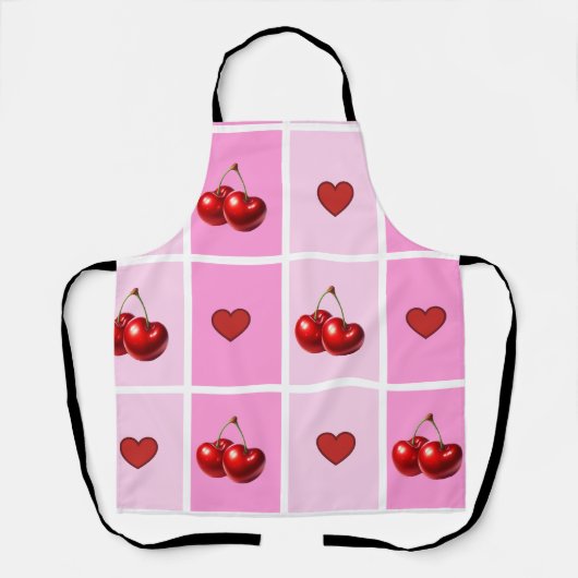 Custom Cherry Heart Checkerboard Pattern エプロン (正面)
