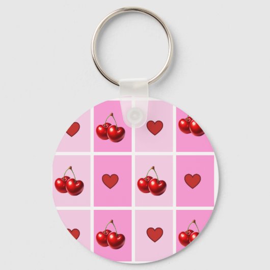 Custom Cherry Heart Checkerboard Pattern キーホルダー (正面)