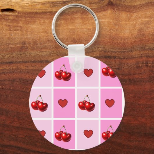 Custom Cherry Heart Checkerboard Pattern キーホルダー (正面)