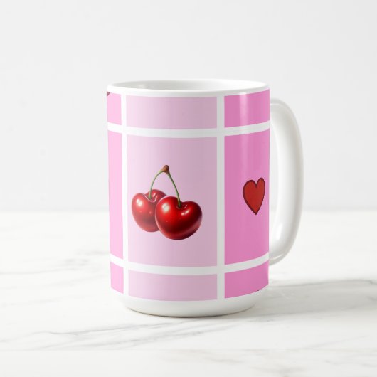 Custom Cherry Heart Checkerboard Pattern コーヒーマグカップ (正面右)