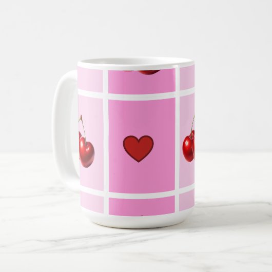 Custom Cherry Heart Checkerboard Pattern コーヒーマグカップ (正面左)