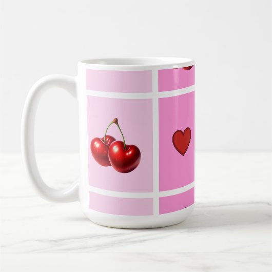 Custom Cherry Heart Checkerboard Pattern コーヒーマグカップ (左)