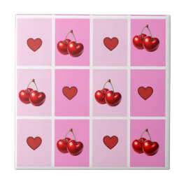 Custom Cherry Heart Checkerboard Pattern タイル