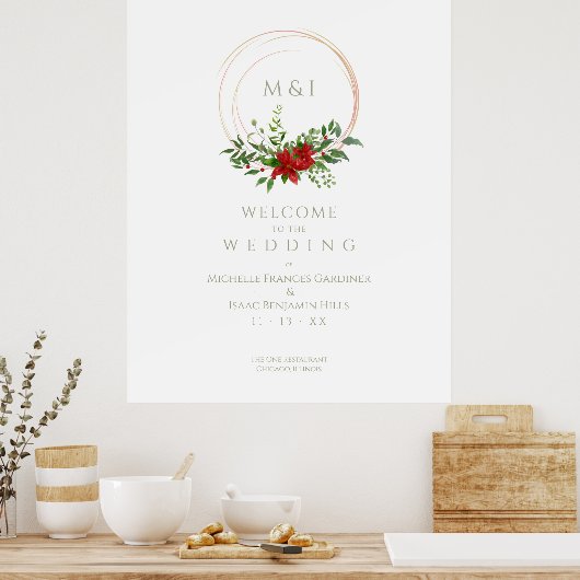 Custom Chic Poinsettia Christmas Wedding Welcome ポスター (キッチン)