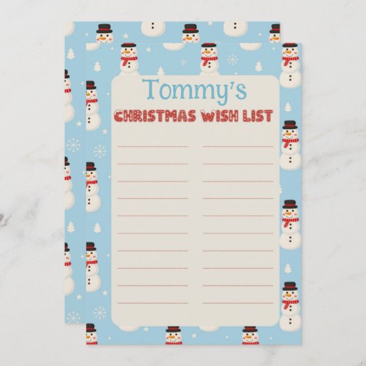 Custom Child Name Snowman Theme Letter to Santa 招待状 (正面/裏面)