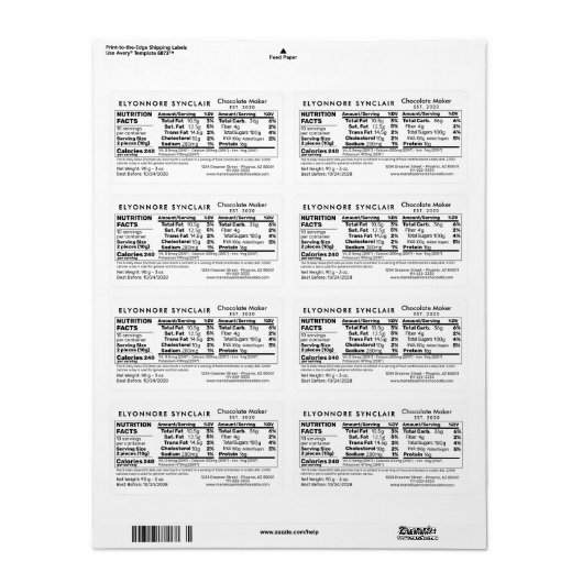 Custom Chocolate Maker Products Nutrition Facts ラベル (フルシート)