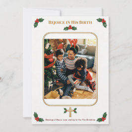 Custom Christian Christmas with Holly and Cross シーズンカード