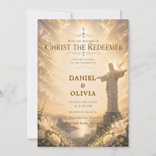 Custom Christian Wedding Christ the Redeemer Gold  招待状 (正面)
