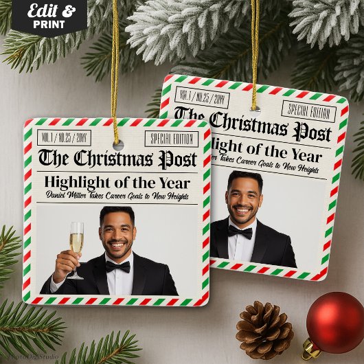 Custom Christmas Celebrate Achievement Newspaper  セラミックオーナメント
