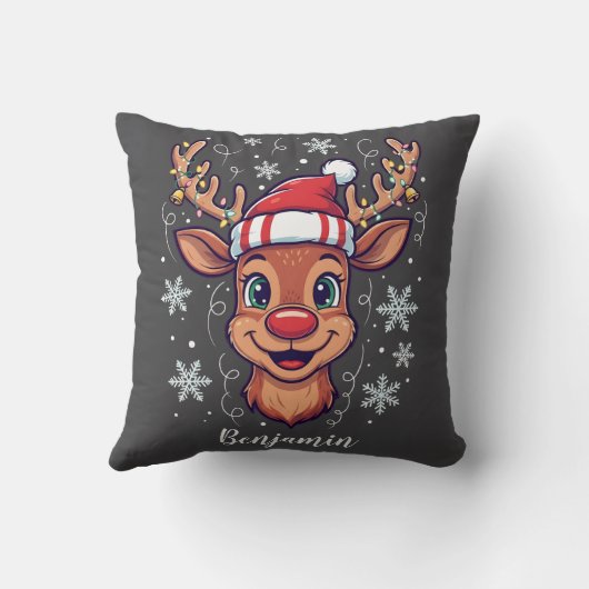 Custom Christmas Cheer Cute Reindeer in Hat  クッション (裏面)