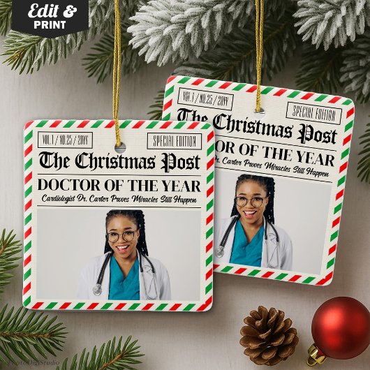 Custom Christmas Doctor Gift, Fun Newspaper Doctor セラミックオーナメント