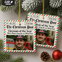 Custom Christmas Firefighter Gift, Fun Newspaper セラミックオーナメント