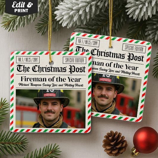 Custom Christmas Firefighter Gift, Fun Newspaper セラミックオーナメント