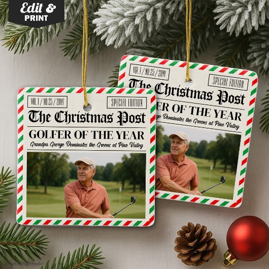 Custom Christmas Golfer Gift, Fun Golf Newspaper  セラミックオーナメント