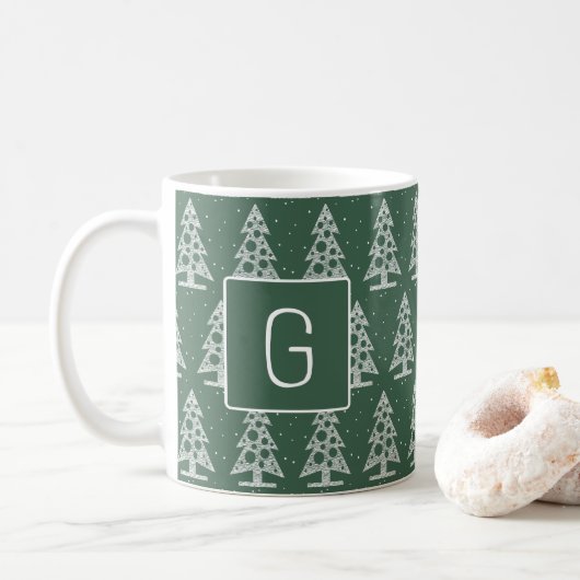 Custom Christmas Monogram Mug with White Trees コーヒーマグカップ (ドーナツ)