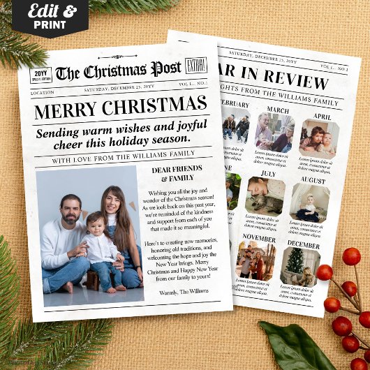 Custom Christmas Newspaper Card, Year in Review シーズンカード