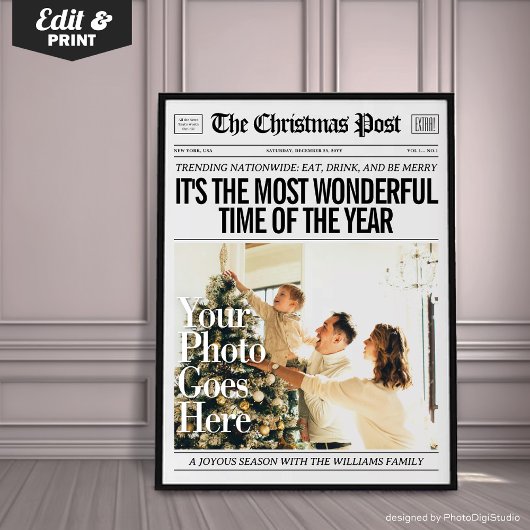 Custom Christmas Newspaper Decor, Family Christmas ポスター