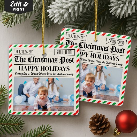 Custom Christmas Newspaper Decor, Family Photo セラミックオーナメント