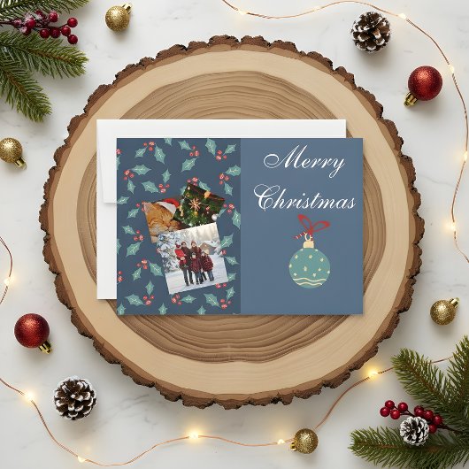 Custom Christmas Photo Card with Family & Cat  サンキューカード