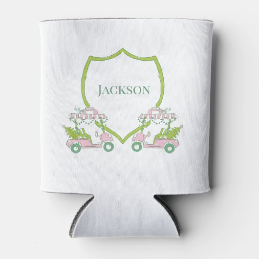 Custom Christmas Pink Golf Carts Green Crest Party 缶クーラー (正面)