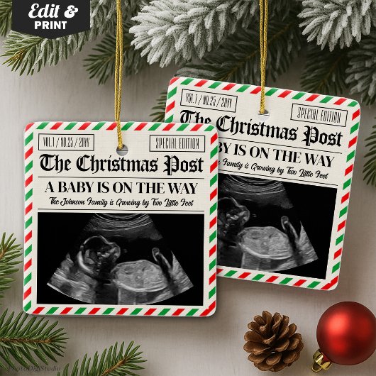 Custom Christmas Pregnancy Announcement Newspaper セラミックオーナメント