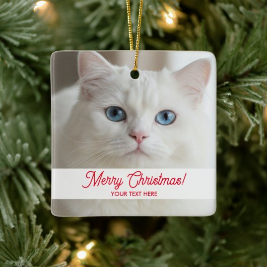 Custom Christmas tree ornament with white cat pic セラミックオーナメント (ツリー)