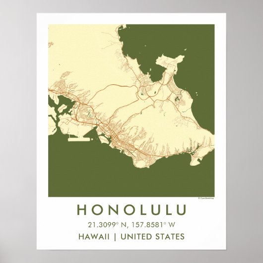 Custom City Map Honolulu Hawaii Wall Art Poster ポスター (正面)