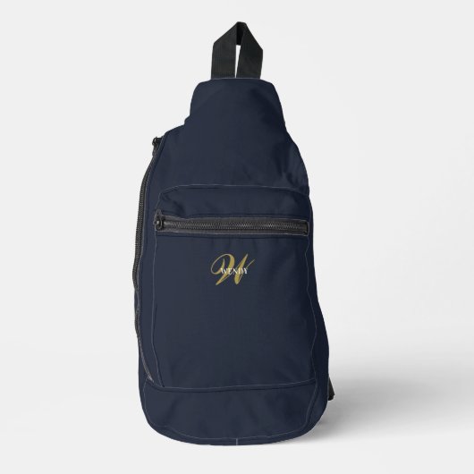 Custom Clean Navy Blue Gold Initial Monogram スリングバッグ (正面)